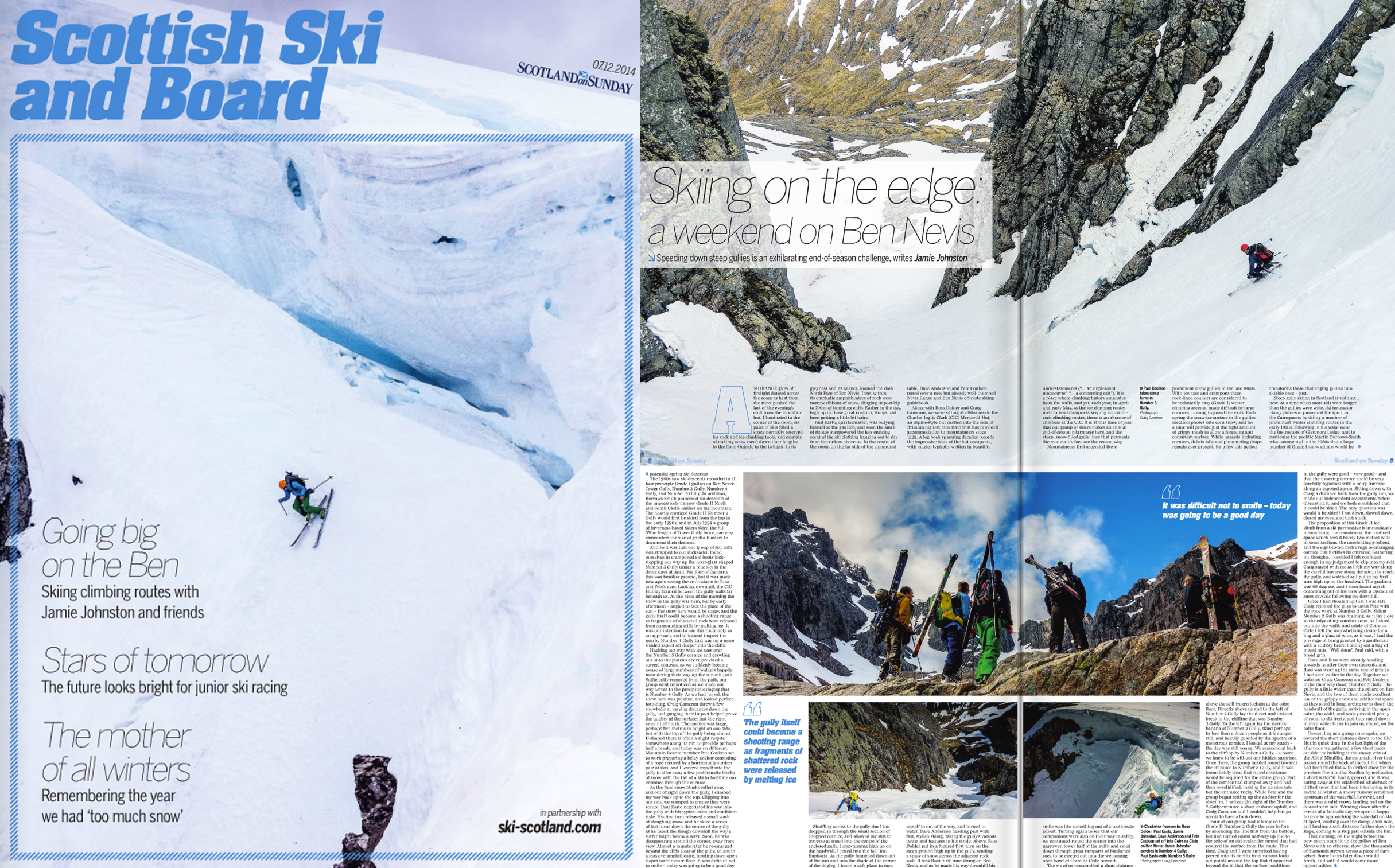 Skiing On The Edge - A Weekend On Ben Nevis [Cover photograph of, and 4 page article by, Highland Instinct's Jamie Johnston, appearing in Scotland on Sunday's annual 'Scottish Ski and Board' supplement, 07 Dec 2014]